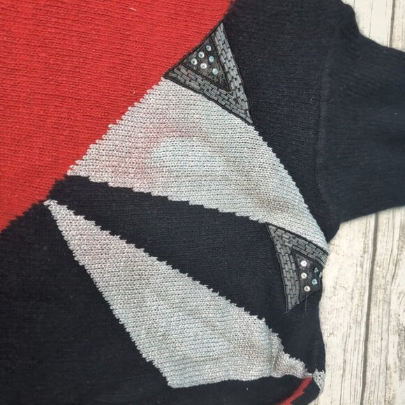 Vtg 80's IB Diffusion Silk Blend Metallic Red Silver Black Geometric Sweater  L - Picture 2 of 7